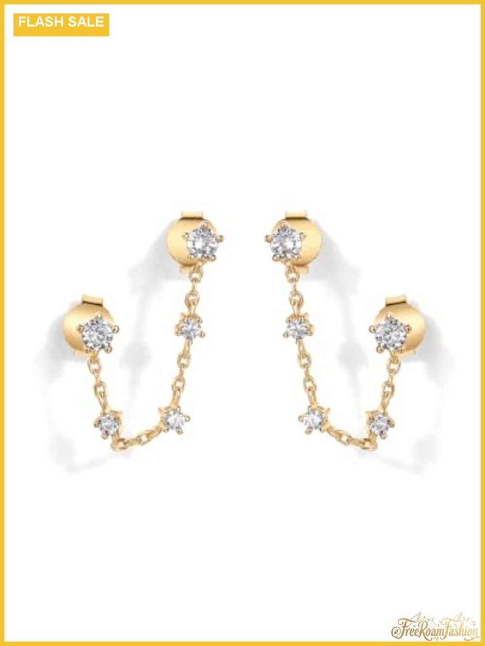 14K Gold Plated CZ Chain Stud Earrings Double Piercing Dangle